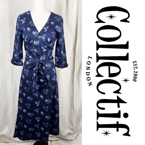 Collectif Susanna Fall Leaves print 50s V-Neck Button swing dress blue chambray - Picture 1 of 11